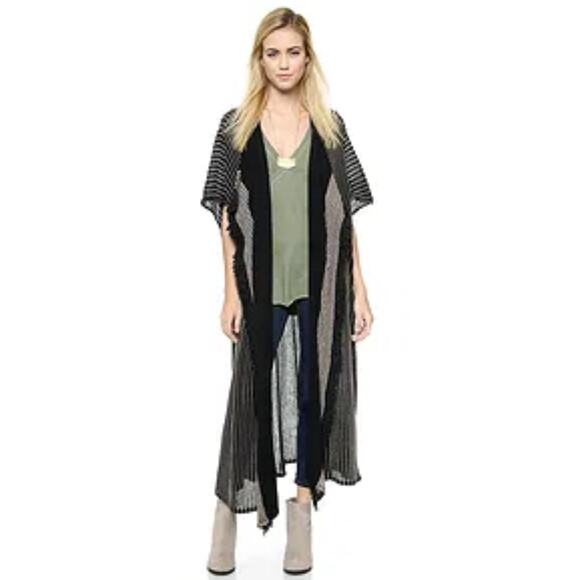 FREE PEOPLE Women’s Boho Open Front Fringed Black Striped Duster - Picture 1 of 6
